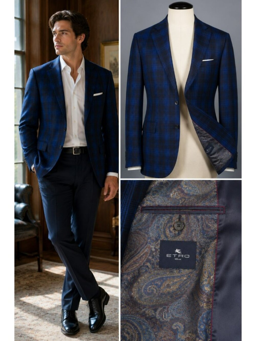 Etro Mens Blue Plaid Two-Button Sport Coat Blazer With Paisley Lining Size 50L M